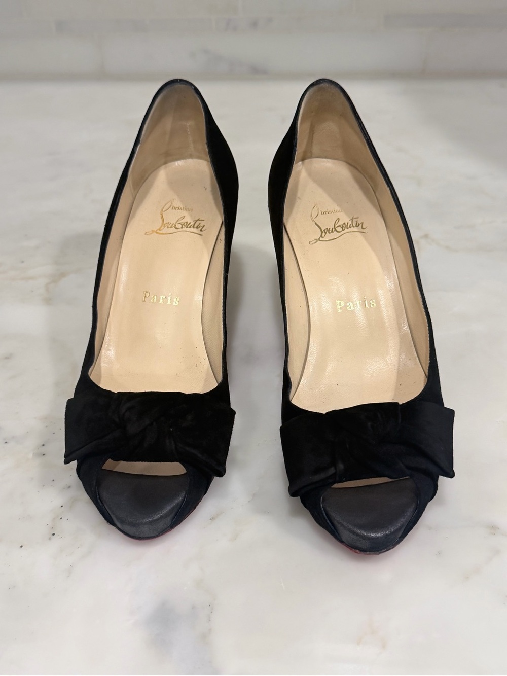 Christian Louboutin Black Suede Peep-Toe Bow 120 Pumps